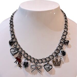 Dark Metal Hearts, Bows & Flowers Charm Necklace